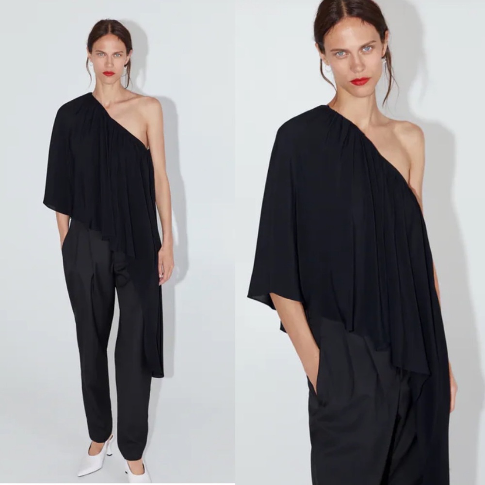 Zara Asymmetrical One Sleeve Flowy Blouse Size XL - Picture 1 of 16